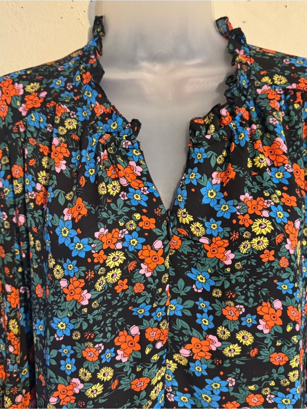 Black-Multi Floral Blouse w/Zipper YOU DECIDE how DEEP the V-Neck PLUS: 3X #11 - Picture 4 of 12